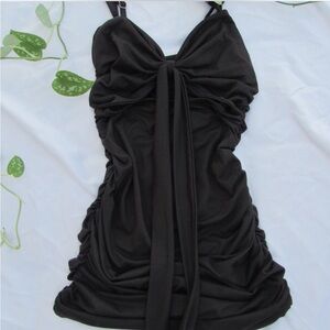 black runched dress with tie front and adjustable straps